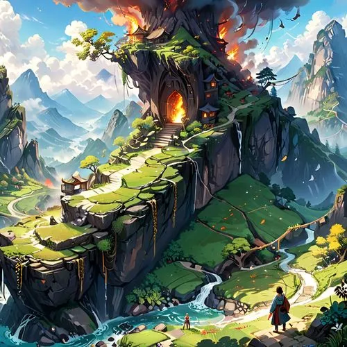 mountain world,fantasy landscape,game illustration,cliffside,hoenn,mountain settlement,mushroom landscape,mountain scene,chasm,skylands,mountain landscape,mountainous landscape,maplestory,mushroom island,cliffsides,high landscape,hinterlands,fairy chimney,autumn mountains,mountain village,Anime,Anime,General