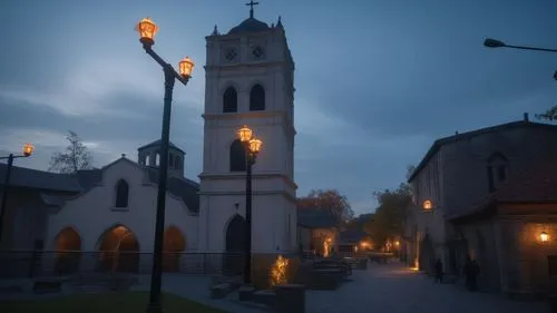 Renovación de la iglesia con una arquitectura gótico moderno, con la torre terminada en punta con un toque de Halloween ,un lado mas caluroso en la noche ,decani,streetlamps,street lamps,historic stre