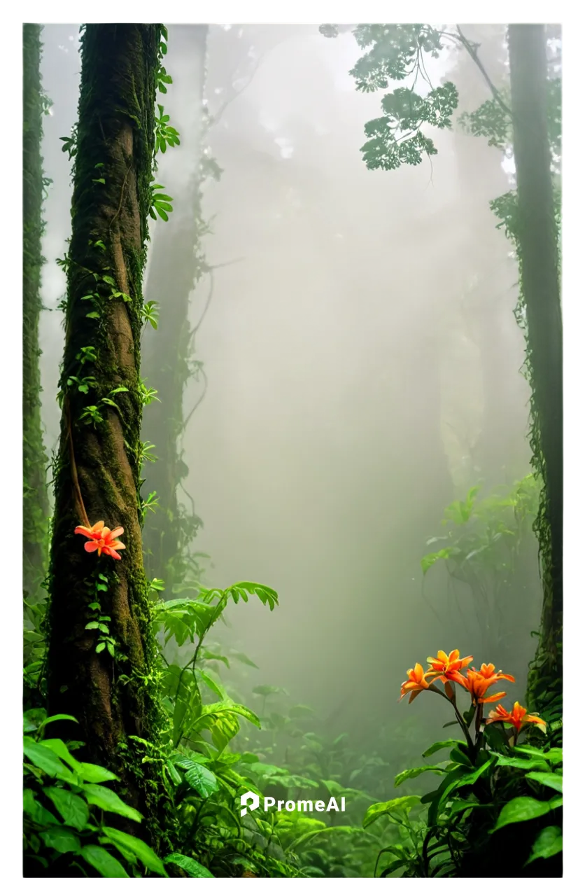 Honduran landscape, tropical rainforest, lush green trees, vines entwined trunks, colorful exotic flowers, misty fog, warm sunlight filtering through leaves, 3/4 composition, shallow depth of field, v