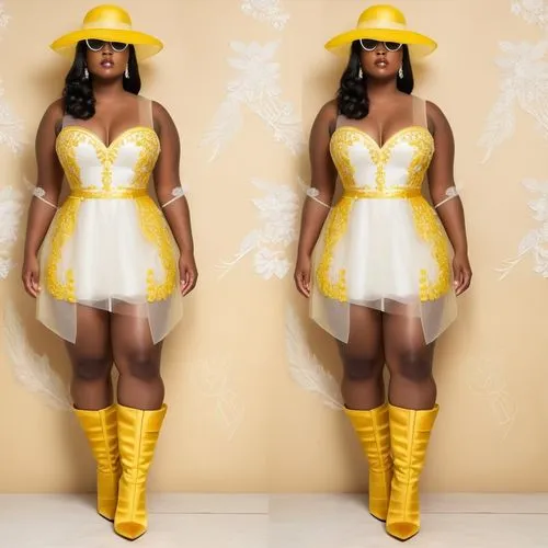 a plus size black woman, yellow dress with embroidered tulle on the bust, silk organza on the white skirt,a woman in yellow and white wearing boots,sunndi,oshun,tiana,queen bee,lumidee,cappadonna,Phot