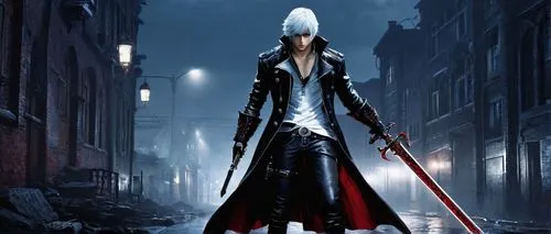 Nico Di Angelo, Devil May Cry series, male, solo, (18yo), blue eyes, spiky white hair, black coat, red lining, silver buttons, white shirt, black pants, combat boots, sword, Rebellion, cityscape, Goth