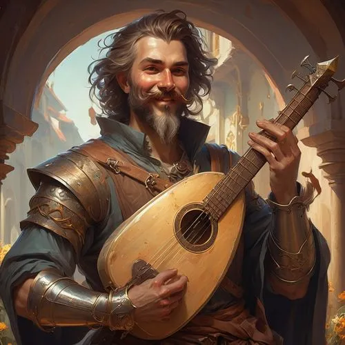 Bearded man fighting with a bread,Painted bard,bard,troubador,art bard,troubadour,cavaquinho,banjo player,Conceptual Art,Fantasy,Fantasy 01