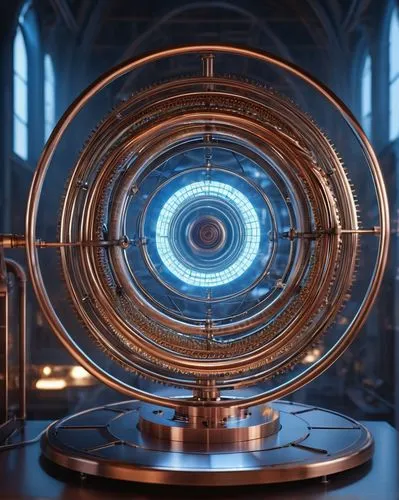 electric arc,stargate,pendulum,gyroscope,ship's wheel,time spiral,vortex,tardis,cyclocomputer,wormhole,astronomical clock,hamster wheel,propulsion,plasma bal,magneto-optical disk,portal,jet engine,armillary sphere,orb,revolving light,Illustration,Realistic Fantasy,Realistic Fantasy 09