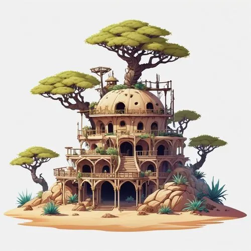 treehouses,tree house,mushroom island,treehouse,kanawa,baobabs,Illustration,Abstract Fantasy,Abstract Fantasy 11