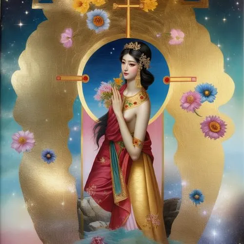 a religious painting with a woman,guanyin,diaochan,kuangyin,tretchikoff,kuanyin,oriental princess,Illustration,Realistic Fantasy,Realistic Fantasy 43