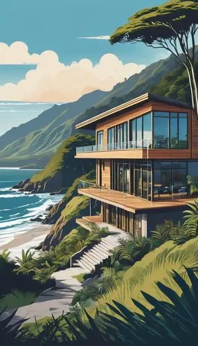 oceanfront,house by the water,esalen,dunes house,beach house,mid century house,ocean view,beachfront,oceanview,cliffside,kaikoura,shorefront,pacific coastline,beachhouse,tropical house,neutra,coastline,seaside view,mid century modern,lanai,Illustration,Vector,Vector 01