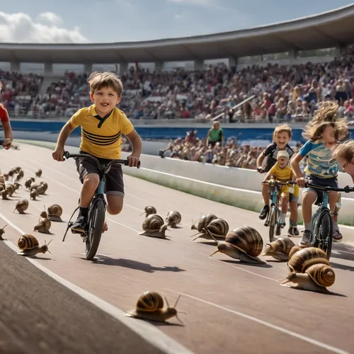 
(((many children ))), (((snails running))), (((Vigorelli Velodrome))) ,board track racing,track racing,track cycling,bicycle racing,skull racing,racing bicycle,short track motor racing,track and fiel