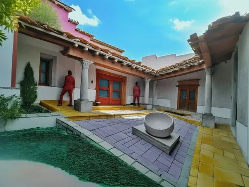 DISEÑO DE UNA CASA ESTILO MEXICANO MODERNO, CON UN CLAUSTRO CONFORMADO POR UNA TERRAZA  A BASE DE VIGAS DE MADERA, TEJA, COLUMNAS REDONDAS, EN EL CENTRO UN ESPEJO DE AGUA, CON EL ESTILO DE LA ARQUITEC