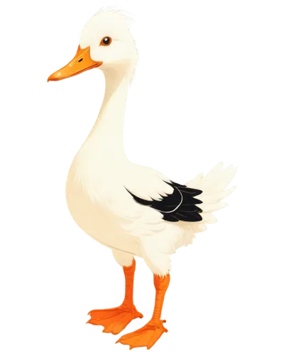 Quacking duck, cartoon style, simple lines, bold strokes, white feathers, orange beak, bright eyes, fluffy tail, standing pose, one leg lifted, 3/4 composition, soft lighting, pastel color tone, whims