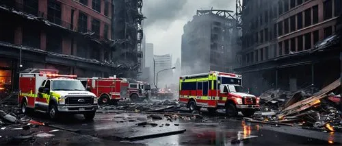 Collapsed skyscraper, destroyed cityscape, smoke-filled air, fire trucks, ambulance, police cars, rescue team, hard hat, reflector vest, debris scattered everywhere, shattered glass, twisted metal bea