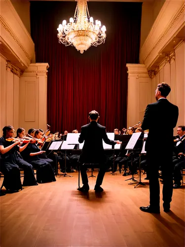 Grand concert hall, symphony orchestra, evening performance, dimmed lights, elegant chandeliers, wooden stage, polished floor, rows of musicians, men in tuxedos, women in formal gowns, violins, cellos