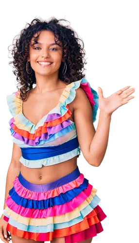 Merengue dancer, female, solo, (20yo), curly hair, bright smile, colorful costume, ruffled skirt, layered sleeves, flowing movement, dynamic pose, vibrant colors, soft focus, shallow depth of field, w