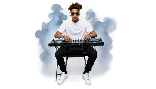 DJ, male, young adult, cool hairstyle, trendy glasses, silver earrings, casual clothing, white shirt, black pants, sneakers, holding DJ console, mixing music, nightclub setting, dim lighting, neon lig