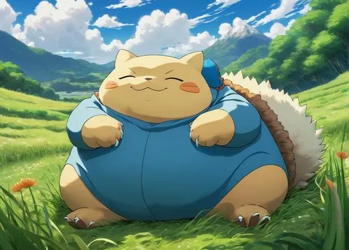 studio ghibli,my neighbor totoro,saffron bun,in the tall grass,ori-pei,fat,chow-chow,cattail,bulbasaur,yellow grass,on the grass,chubby,garden-fox tail,cat resting,sumo wrestler,chinese pastoral cat,wombat,nimbus,long grass,uruburu,Art,Artistic Painting,Artistic Painting 04