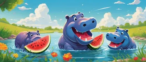 Hungry Hippos, cartoon character, cute expression, chubby body, green grass, sunny day, bright blue sky, fluffy white clouds, colorful flowers, shallow water, riverbank, playful pose, eating watermelo