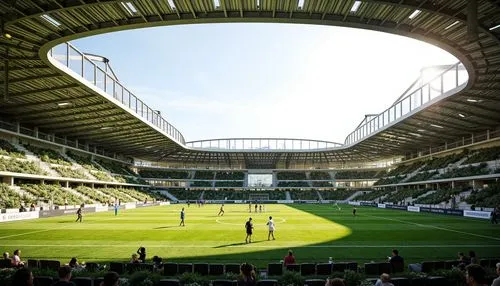 Open-air soccer stadium, green roofs, natural ventilation systems, wind towers, solar chimneys, clerestory windows, large overhangs, shading devices, cantilevered structures, aerodynamic design, curve