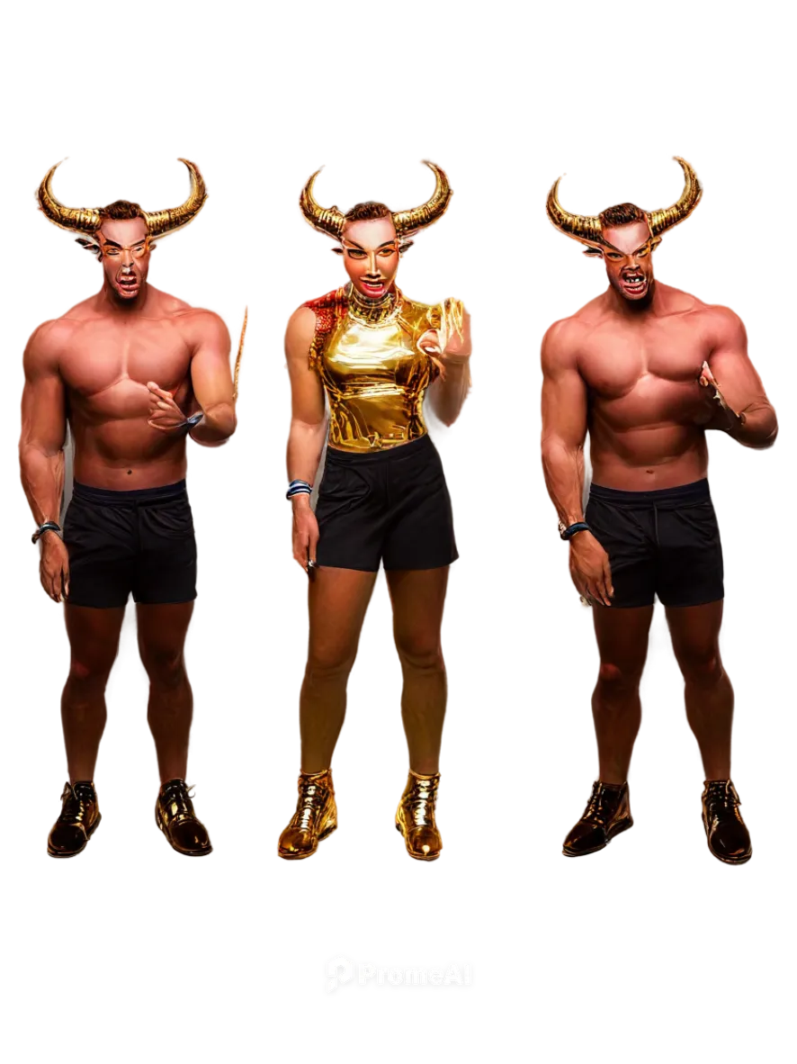 Bull head, aggressive facial expression, sharp horns, muscular body, dynamic pose, sporty atmosphere, bold font, metallic material, shiny surface, golden color, red eyes, strong jawline, powerful legs