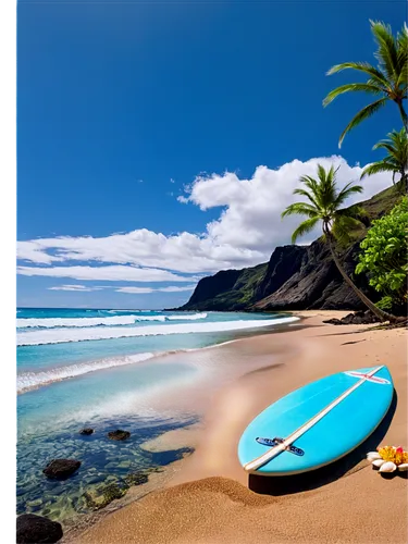 Hawaiian landscape, tropical island, sunny day, blue sky, fluffy white clouds, palm trees swaying gently, volcanic rocks, sandy beach, turquoise ocean water, surfboard lying on shore, seashell decorat