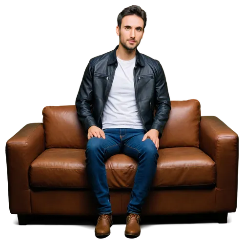 Mature man, solo, (30yo), short black hair, stubble beard, brown eyes, strong jawline, white shirt, open collar, black leather jacket, dark blue jeans, brown boots, sitting on couch, relaxed posture, 