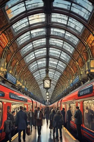 London Underground, iconic Tube station, intricate ironwork, grand entrance, vintage clock tower, ornate Victorian-era details, bustling crowd, modern electronic signage, bright colorful advertisement