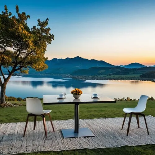 outdoor furniture,outdoor table and chairs,natuzzi,patio furniture,home landscape,chaise lounge,garden furniture,lake view,kartell,outdoor dining,evening lake,schaalsee,prespa,lefay,landscape designers sydney,summer house,idyll,landscape design sydney,neretva,franschhoek