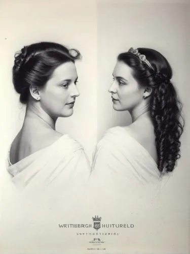 King and Queen of Württemberg as high-resolution art portrait photography in black and white,two woman in dresses have their head to the side,cd cover,unthanks,diptych,countesses,duchesses,diptychs,Ph