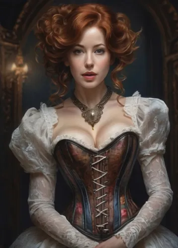 woman posing for the camera and smiling,a very pretty woman in a costume by the mirror,corsets,corsetry,corset,noblewoman,victorian lady,elizabeth i