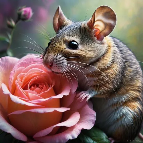 flower animal,bunny on flower,dormouse,boutonniere,cute animal,flower background,romantic portrait,rosebud,grasshopper mouse,chinchilla,field mouse,musical rodent,cute animals,rose tail,flower nectar,flower painting,valentine flower,degu,whimsical animals,wood mouse,Illustration,Realistic Fantasy,Realistic Fantasy 30