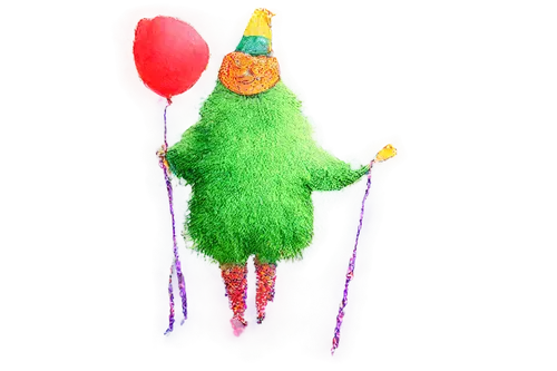 Happy birthday monster, cute face, green fur, big eyes, sharp teeth, colorful party hat, balloons tied around neck, holding a cake with candles, sitting on a bright colored floor, soft lighting, shall