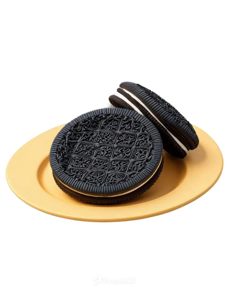 Oreo cookie, white cream filling, black outer biscuit, circular shape, golden ratio composition, 3D rendering, high-gloss finish, soft box lighting, overhead angle, isolated on transparent background,