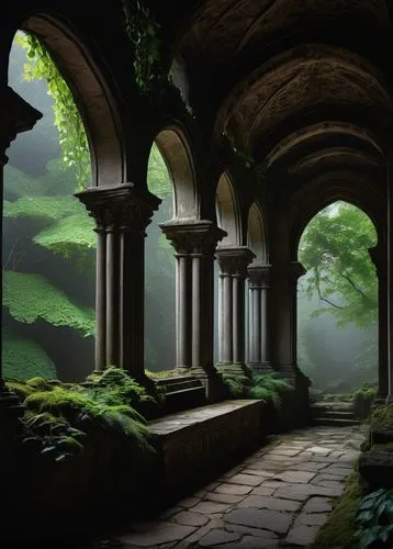 hall of the fallen,rivendell,archways,ruins,undercroft,cloistered,cloisters,mausoleum ruins,cloister,pillars,matthiessen,alcove,colonnades,doorways,ancient ruins,cartoon video game background,labyrinthian,stourhead,theed,windows wallpaper,Art,Classical Oil Painting,Classical Oil Painting 21