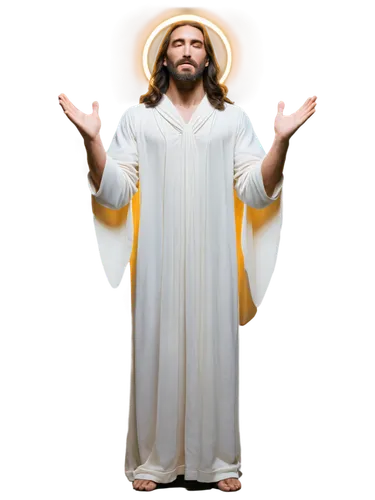 Free Jesus, holy figure, white robe, long hair, beard, gentle face, sacred aura, glowing halo, outstretched arms, standing, serene background, soft focus, warm lighting, cinematic composition, shallow