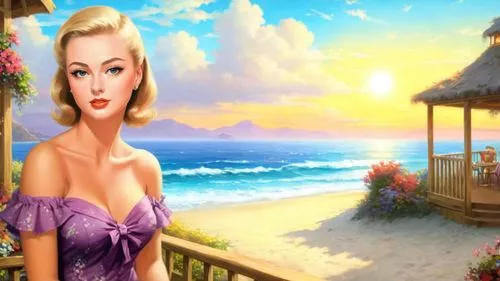 dark saturated colors, Romantic masterpiece oil painting, beautiful girl dainty sundress, nostalgic 1950's style kitsch, beach cafe cabana, cozy familiar scenery, by Thomas Kinkade, by Bob Ross, high 