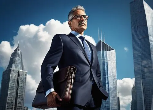 Mature businessman, suit, tie, glasses, briefcase, confident posture, standing in front of a skyscraper, urban background, cityscape, blue sky with white clouds, 3/4 composition, soft lighting, realis