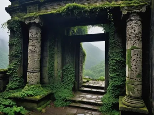 Ancient, mystical, massive stone structure, intricate carvings, moss-covered walls, vines crawling up columns, crumbling pillars, overgrown with ivy, torches lit at dusk, misty atmosphere, fog rolling