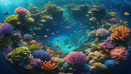 Viral anime nature wallpaper in 4K quality, in the style of Pixar 3D inspired by Finding Nemo, illustrating an underwater scene with vibrant coral reefs, colorful fish swimming around, and sunlight pi