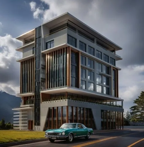 car,a vintage turquoise car is on a road in front of a building,modern architecture,modern building,kinabalu,office building,petronas,edificio,modern house,jayapura,modern office,car showroom,universi