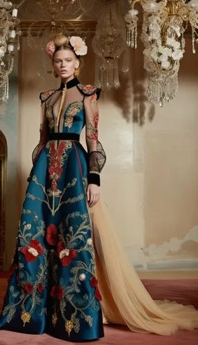 Fashion show ,a model wears a multi - color dress with a floral design,galliano,inner mongolian beauty,moschini,imperial coat,takarazuka,hanbok,Photography,General,Realistic