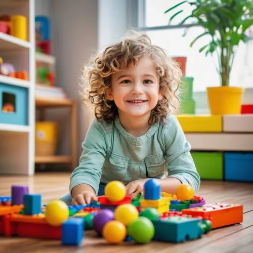 Colorful kindergarten, playful kid, (4-6yo), curious eyes, bright smile, messy hair, casual wear, holding crayon, standing, colorful blocks, toy cars, balls, building bricks, learning atmosphere, natu