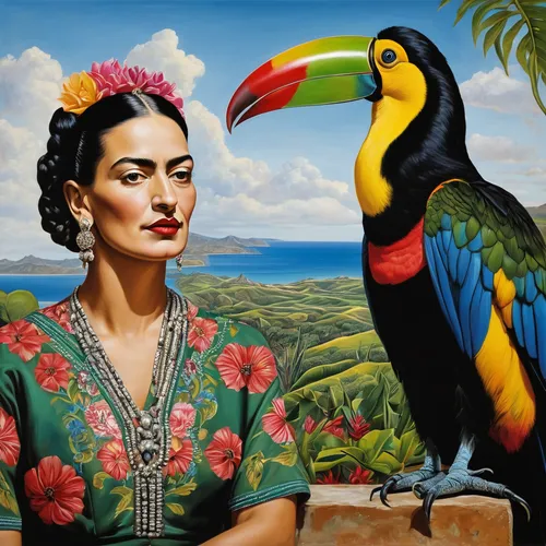 Une peinture surréaliste style frida khalo, dans un jardin botanique peuplée d'oiseaux exotiques  "on voit 2 personnes" : "Salvador Dali et Frida Kahlo",  assis assez près l'un de l'autre sur un banc 