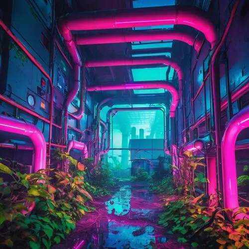 neon ghosts,cyberpunk,vapor,abandoned place,cyberia,neon tea,colored lights,digitalism,arbor,acid lake,neon arrows,electrohome,neon,plant tunnel,aesthetic,cyberscene,neon coffee,tunnel of plants,lost place,sanatoriums,Conceptual Art,Sci-Fi,Sci-Fi 28