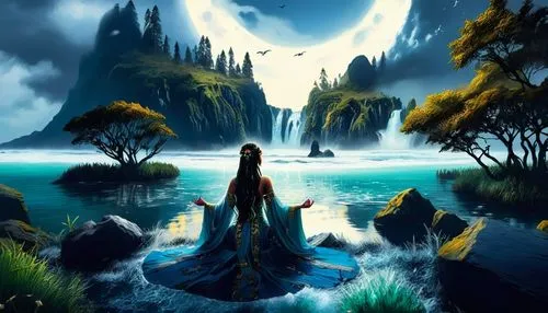 a woman is sitting by the water with trees,fantasy picture,moonsorrow,fantasy art,thingol,fantasy landscape,alfheim,Illustration,Realistic Fantasy,Realistic Fantasy 25