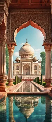 Ancient Indian temple, intricate carvings, ornate pillars, vibrant colors, Taj Mahal-inspired dome, symmetrical structure, grand entrance, decorative arches, lotus-shaped fountains, lush greenery surr