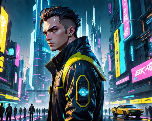 cyberpunk,pompadour,cyber,sci fiction illustration,jacket,mohawk,pandemic,neon lights,neon arrows,suburb,world digital painting,game illustration,city ​​portrait,cg artwork,yellow jacket,black city,ci