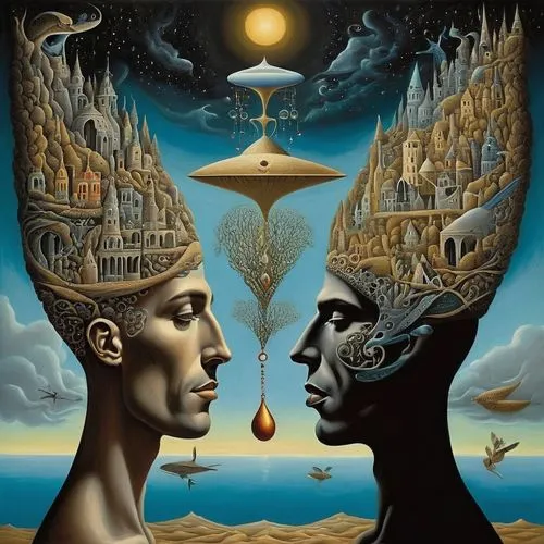 surrealism,parallel worlds,equilibrium,dualism,duality,surrealistic,the illusion,mirror of souls,parallel world,polarity,psychedelic art,consciousness,split personality,fantasy art,alchemy,el salvador dali,divination,dali,mysticism,illusion,Illustration,Realistic Fantasy,Realistic Fantasy 40