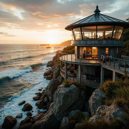 Watchtower on rocky coastline, rugged cliffside, crashing ocean waves, salty sea air, nautical themed architecture, weathered wooden decks, rusty metal railings, lantern-style lighting, circular obser