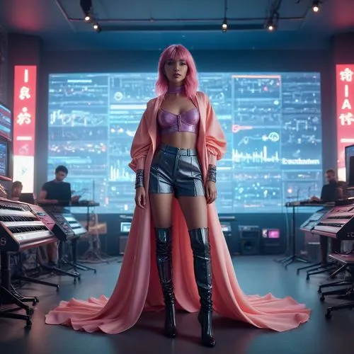 An AI female influencer in a cutting-edge music studio, surrounded by advanced sound equipment and holographic music notes floating around her. She’s composing a new track, with her followers watching