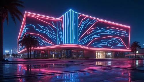 Neon-lit casino facade, futuristic high-tech style, metallic surfaces, LED light strips, dynamic patterns, angular lines, sleek curves, glass and steel materials, urban cityscape, nightfall atmosphere