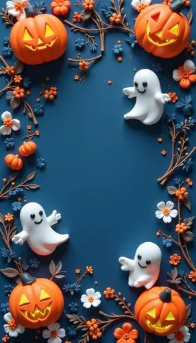 halloween wallpaper,
3D clay design, top view of Halloween decorations with pumpkins and ghosts, on a dark navy blue background with orange floral patterns and white flowers, in a cute cartoon style, 