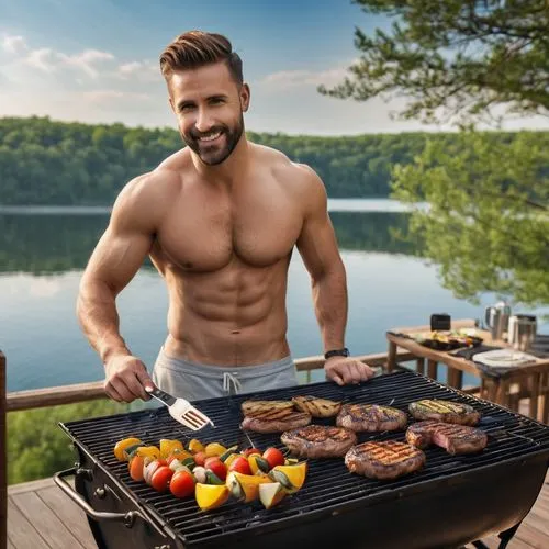 a handsome 30 year old gay man shirtless, grilling on deck overlooking a lake ,barbeque,barbecuers,barbecues,barbecue,grilled meats,grillparzer,barbecuing,barbeque grill,grilling,barbecued,outdoor coo